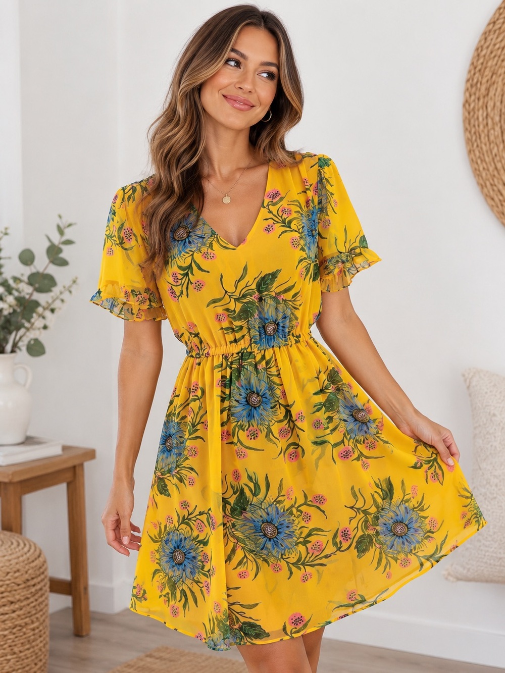 Madewell Yellow Multicolored Floral Painted Blooms Sweetgrass Ruffle Mini Dress